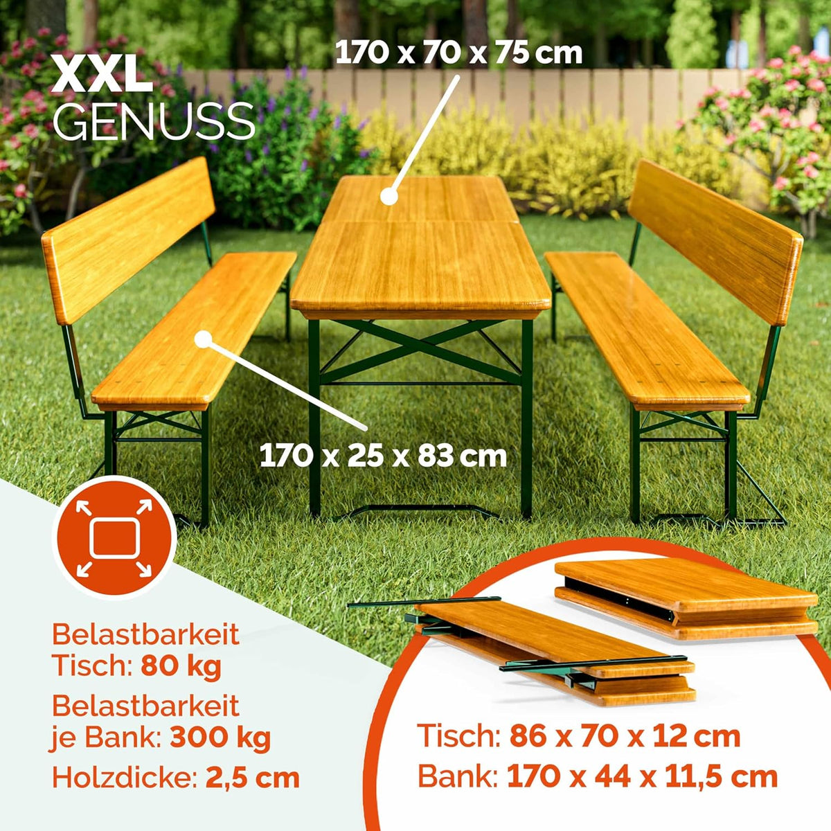 Produktbild: Casaria® Bierzeltgarnitur mit Lehne 170 cm Klappbar Stabil 2 – Frontansicht