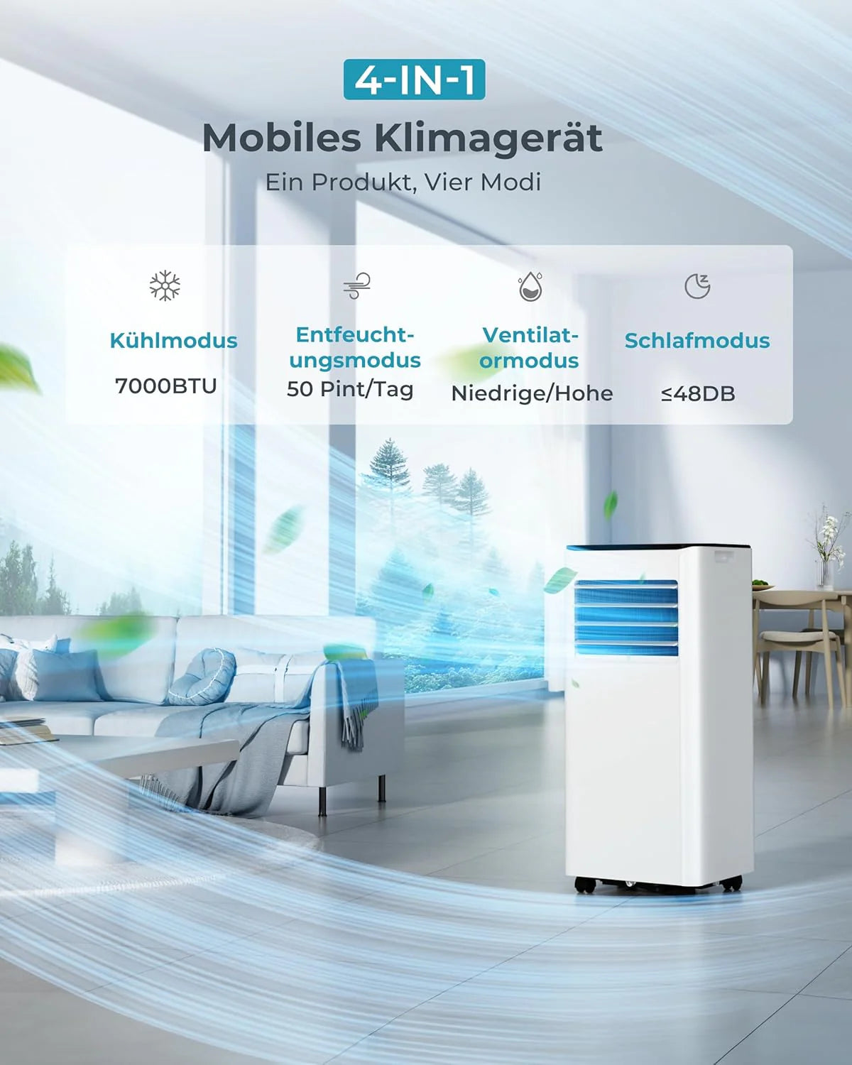 Produktbild: Mobile Klimaanlage 9000 BTU mit Abluftschlauch – Anschluss und Kabel