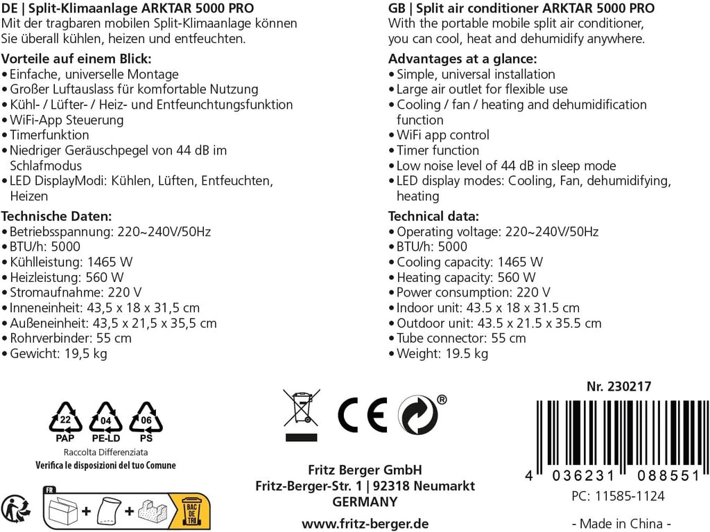 Produktbild: BERGER Arktar 5000 Pro Mobile Split-Klimaanlage mit Heizung – Verpackung und Lieferumfang