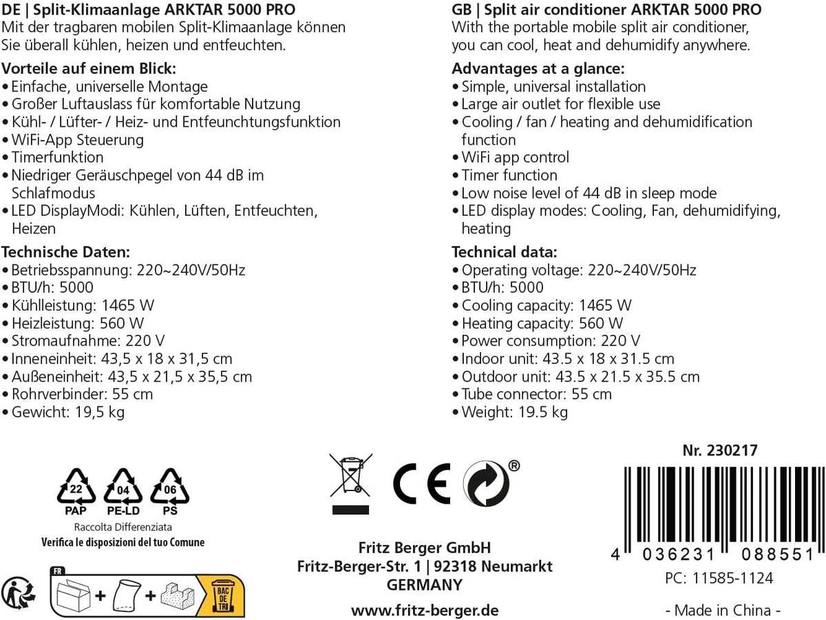 Produktbild: BERGER Arktar 5000 Pro Mobile Split-Klimaanlage mit Heizung – Verpackung und Lieferumfang