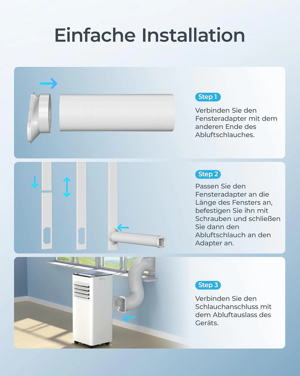 Produktbild: Mobile Klimaanlage 9000 BTU mit Abluftschlauch – Verpackung und Lieferumfang