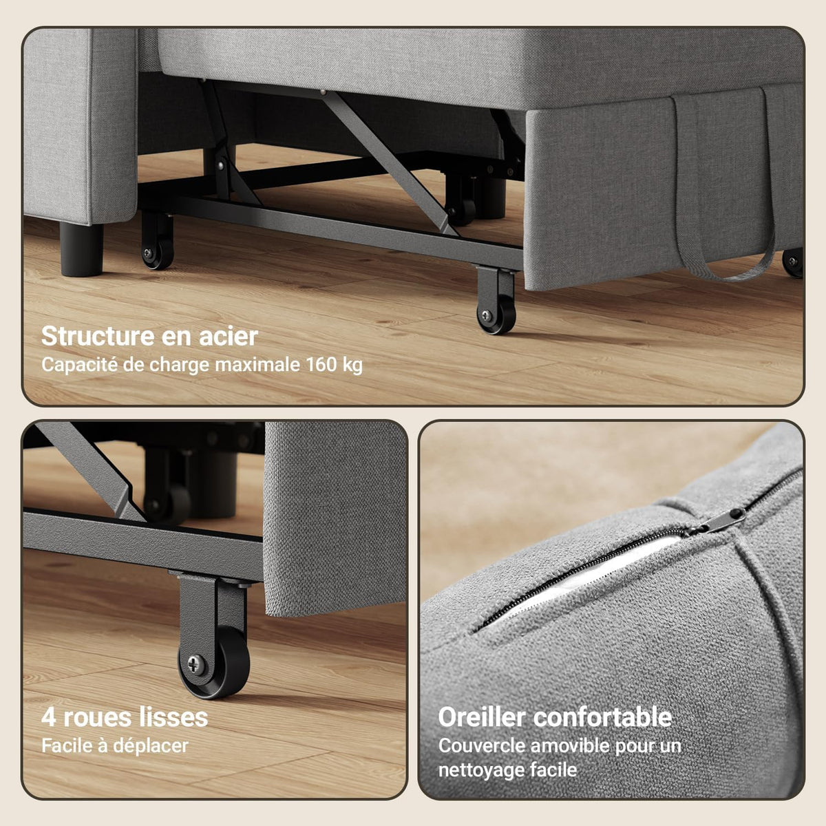 Xbro AR24 fauteuil-slaapbank lichtgrijs - onderstel met wieltjes close-up