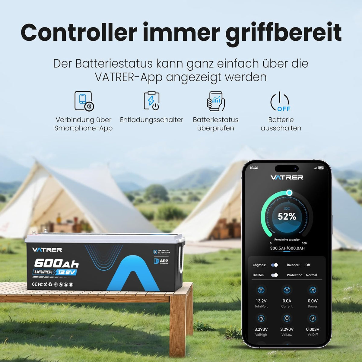 Produktbild: 12V 600Ah LiFePO4 Lithiumbatterie mit APP-Überwachung – Rückansicht