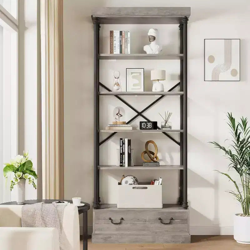 6 bibliothèques avec tiroirs de rangement, étagères d'exposition verticales hautes