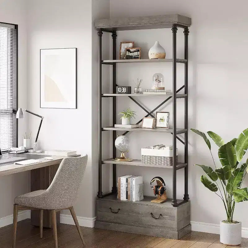 6 Bookshelves with Storage Drawers, High-Level Vertical Display Shelves, Wood and Metal Storage Shelves for Living Rooms, Bedrooms and Home Offices