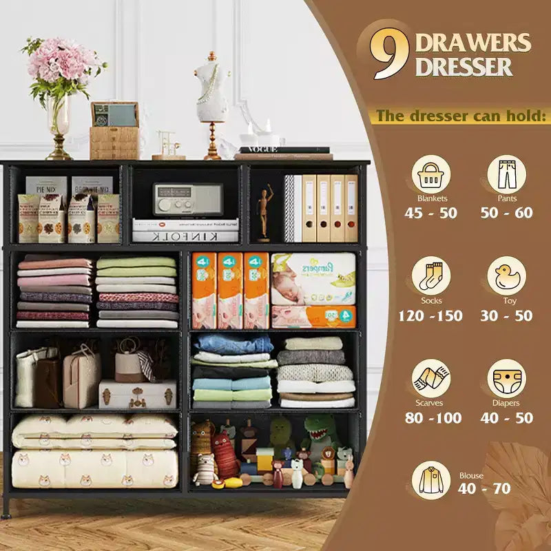 Commode de rangement en tissu à 9 tiroirs pour chambre, couloir