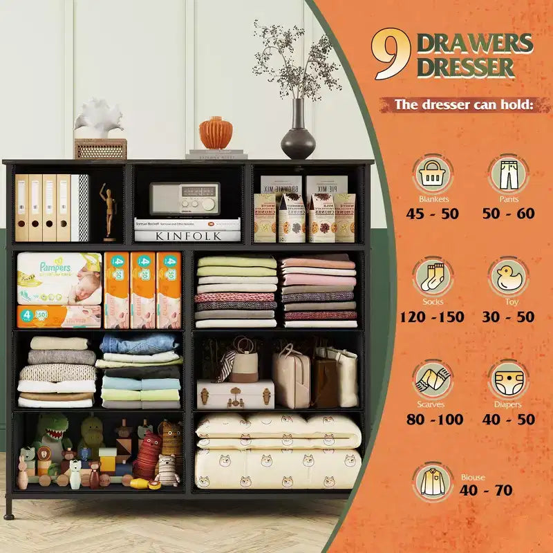 Commode de rangement en tissu à 9 tiroirs pour chambre, couloir