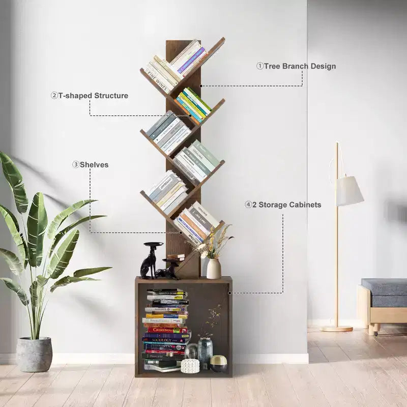 Étagère à livres en bois en forme d'arbre de 133 cm de haut avec armoire de rangement