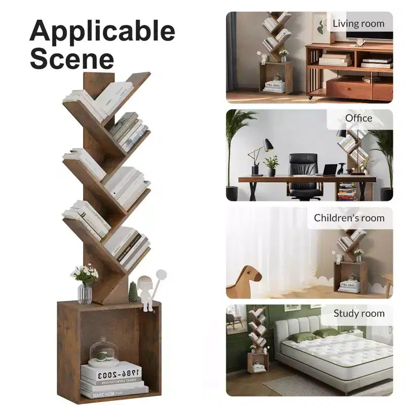 Étagère à livres en bois en forme d'arbre de 133 cm de haut avec armoire de rangement