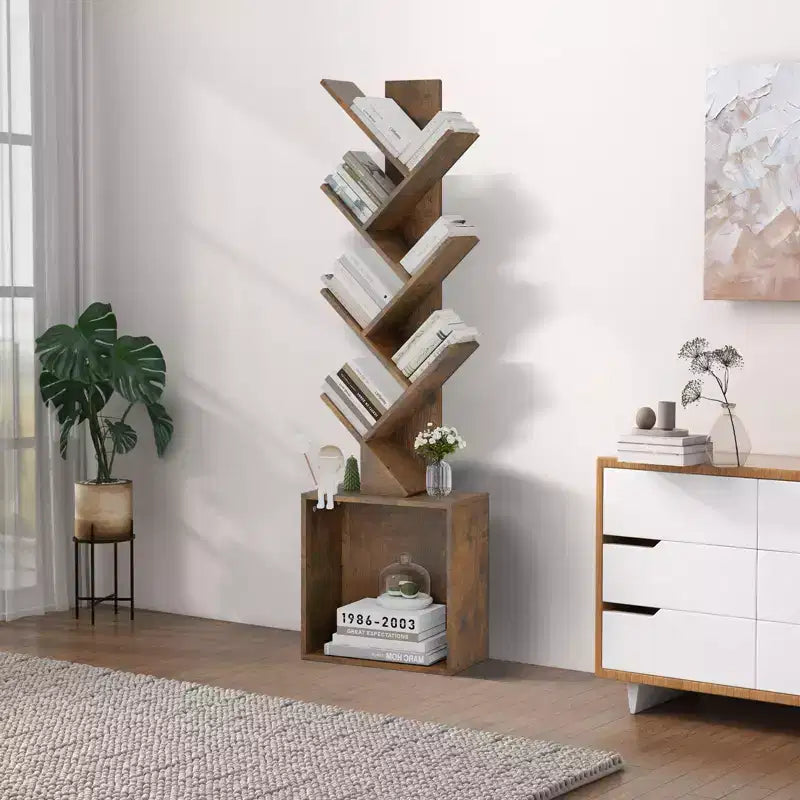 Étagère à livres en bois en forme d'arbre de 133 cm de haut avec armoire de rangement