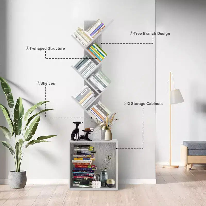 Étagère à livres en bois en forme d'arbre de 133 cm de haut avec armoire de rangement