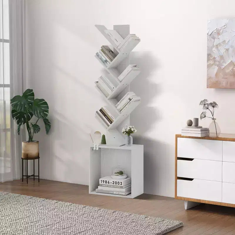 Étagère à livres en bois en forme d'arbre de 133 cm de haut avec armoire de rangement