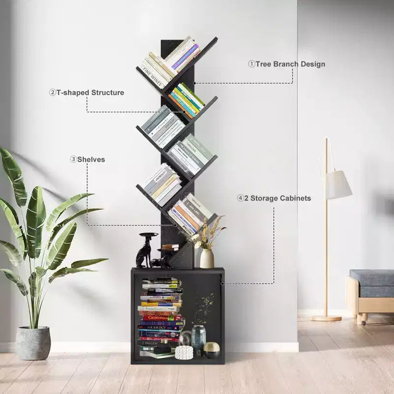 Étagère à livres en bois en forme d'arbre de 133 cm de haut avec armoire de rangement