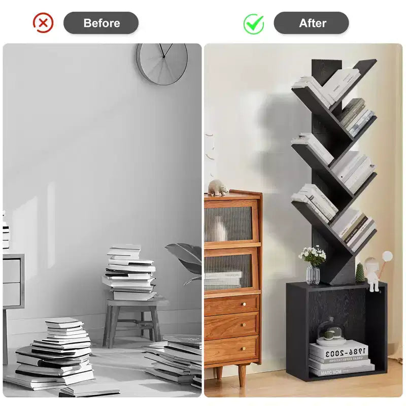 Étagère à livres en bois en forme d'arbre de 133 cm de haut avec armoire de rangement