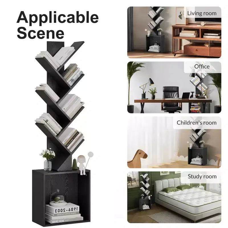 Étagère à livres en bois en forme d'arbre de 133 cm de haut avec armoire de rangement