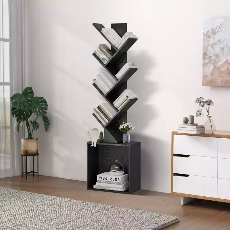 Étagère à livres en bois en forme d'arbre de 133 cm de haut avec armoire de rangement