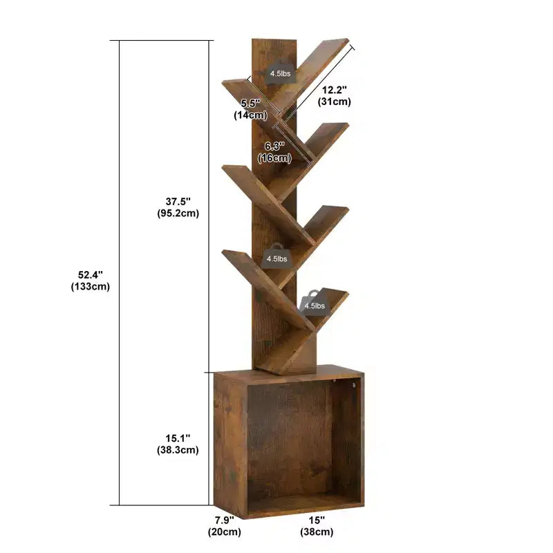 Étagère à livres en bois en forme d'arbre de 133 cm de haut avec armoire de rangement