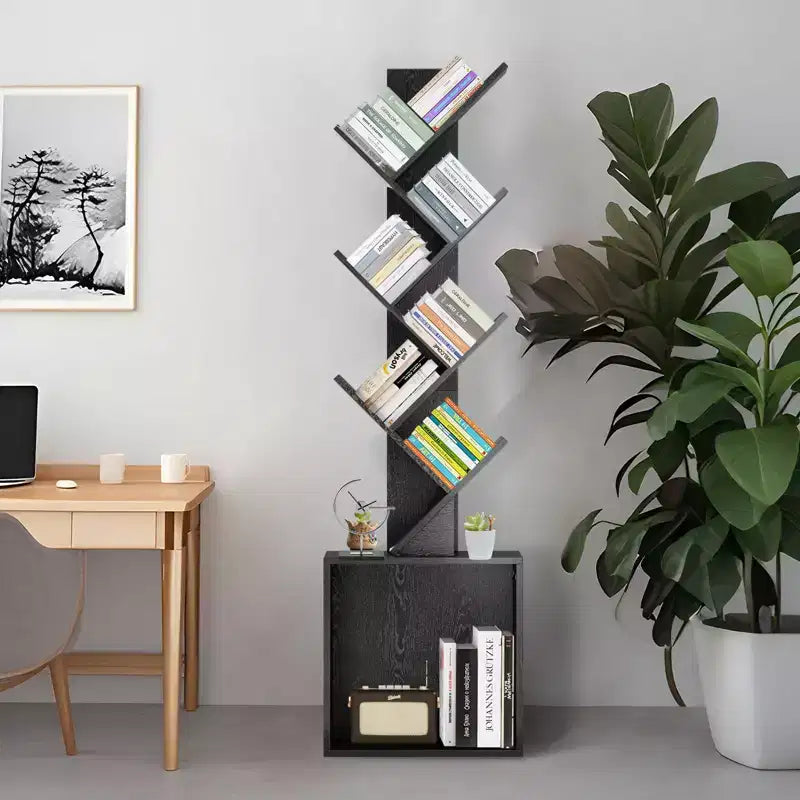 Hyleory 52.4 in. Tall Tree-Shaped Wood Bookshelf with Storage Cabinet, 6-Shelf Freestanding Bookcase for CDs/Movies/Books
