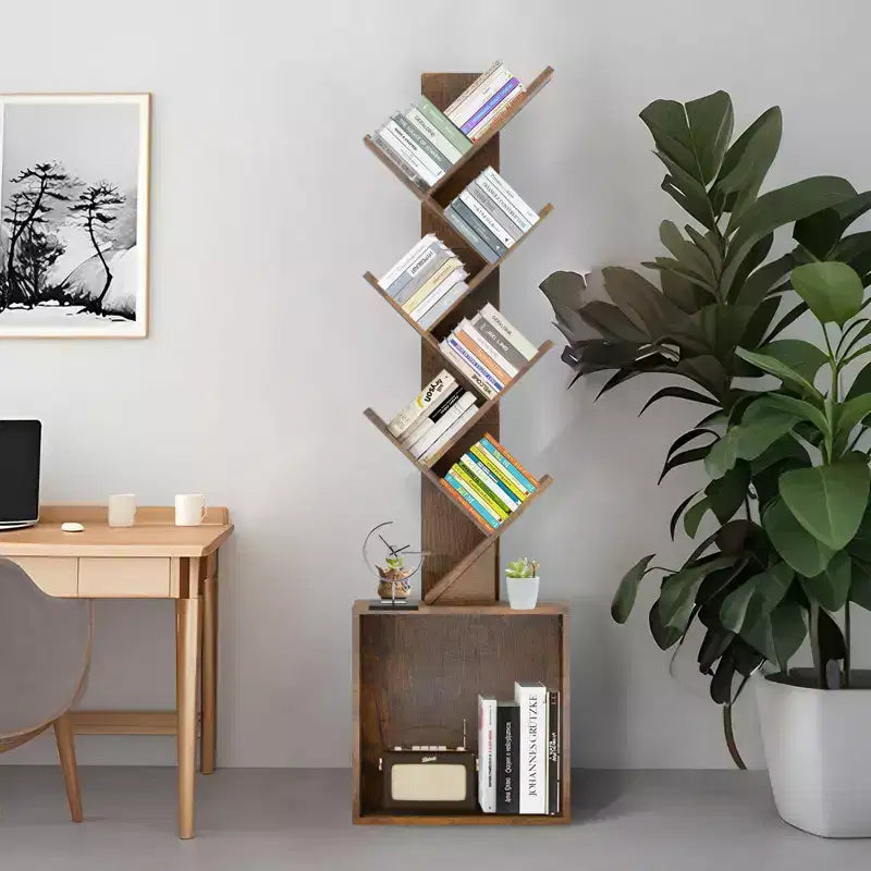Étagère à livres en bois en forme d'arbre de 133 cm de haut avec armoire de rangement