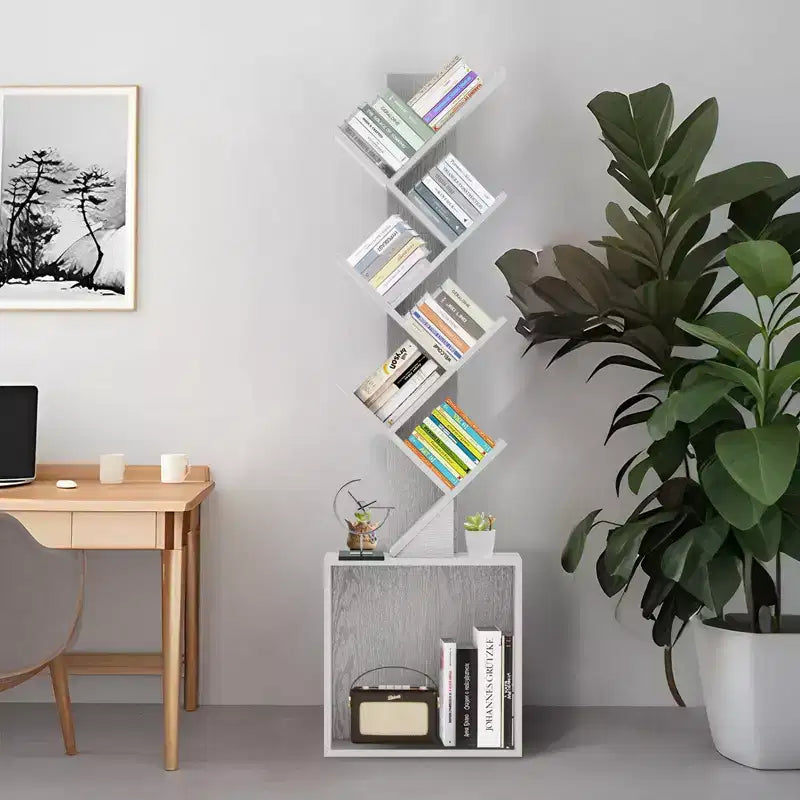 Étagère à livres en bois en forme d'arbre de 133 cm de haut avec armoire de rangement