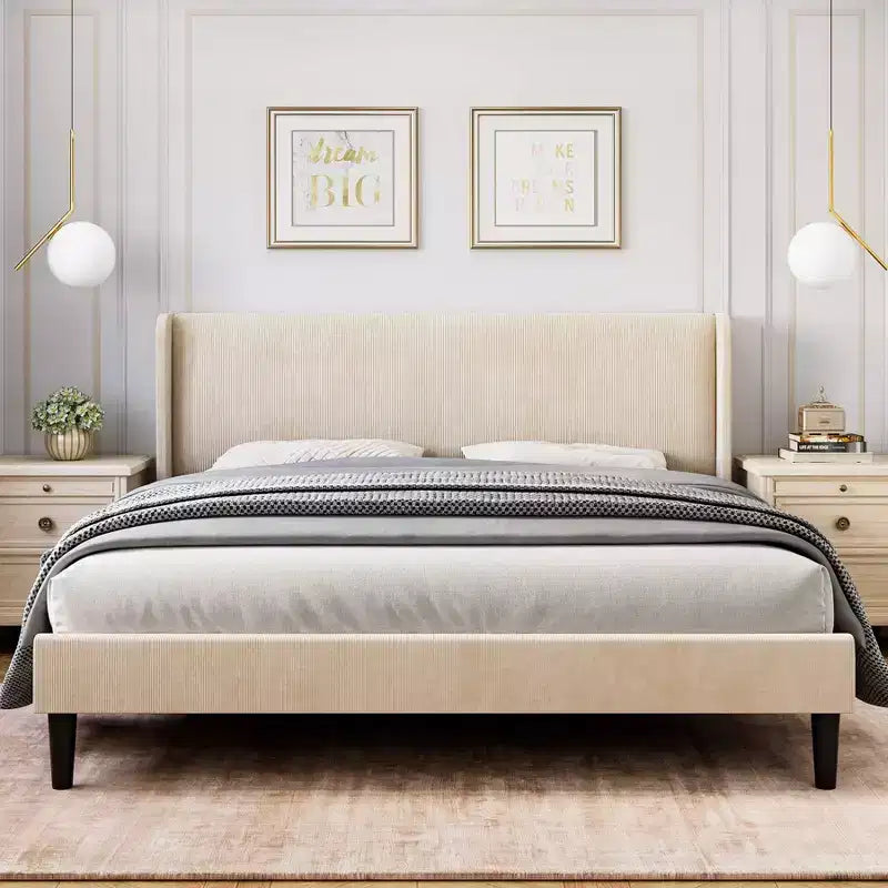 Whizmax Bed Frame with Wingback Headboard, Upholstered Bed Frame with Wood Slats, Sturdy Support Feet, No Box Spring Needed, Easy Assembly