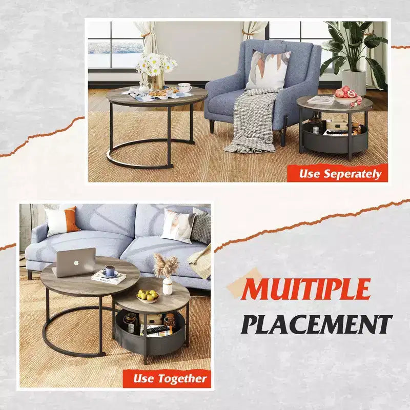 Tables basses gigognes – Tables centrales de 80 cm avec rangement