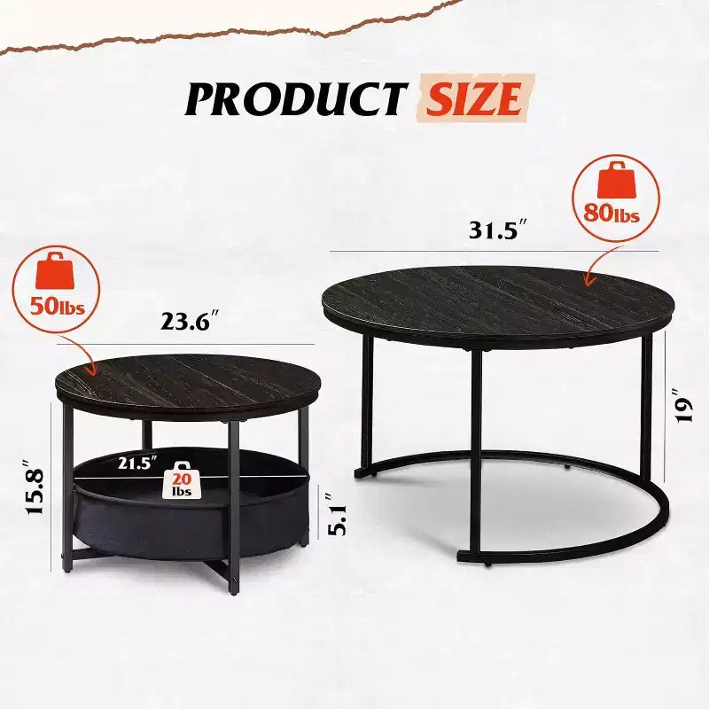 Tables basses gigognes – Tables centrales de 80 cm avec rangement