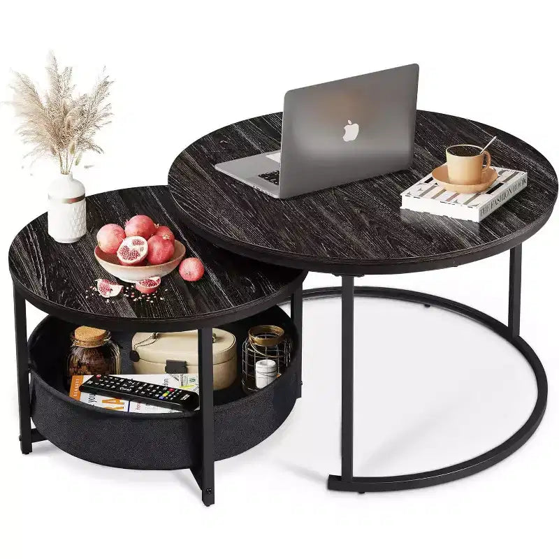 GALAXHERO Set of 2 Nesting Round Coffee Tables - 31.5 Center Tables with Storage &amp; Metal Frame for Living Room/Apartment