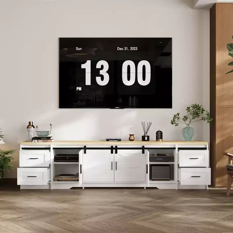 Famapy Modern Farmhouse - Style TV Console with Cross - Design Sliding Doors and Ample Storage - Ideal for Living Room Organization and Decor