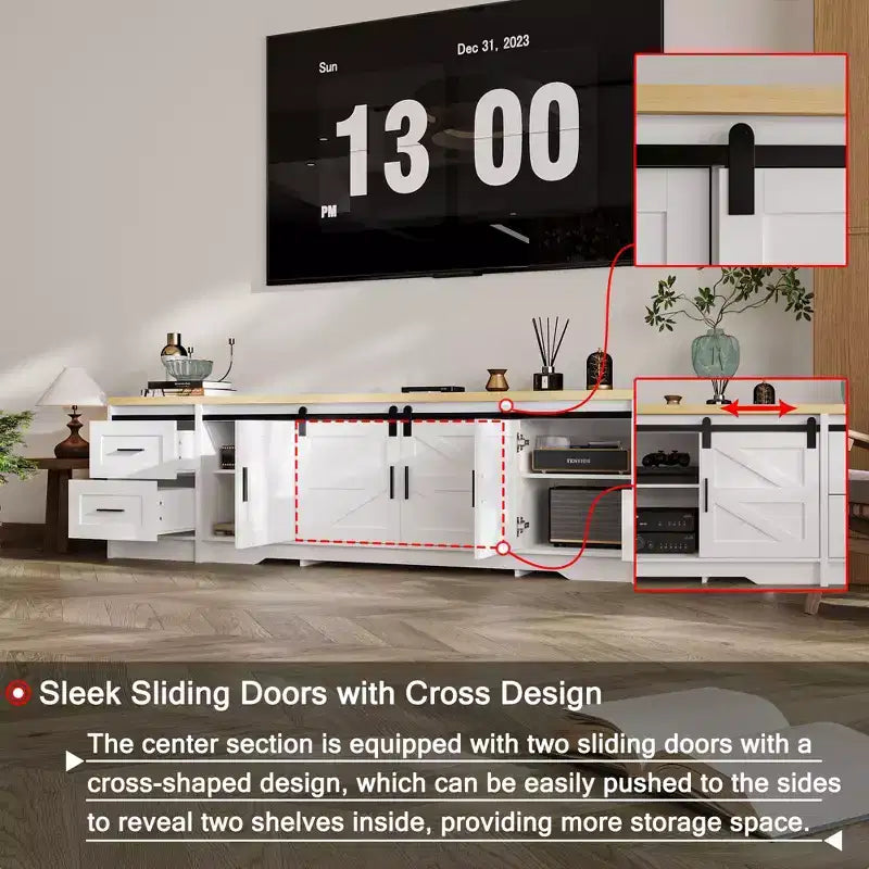 Meuble TV de style ferme moderne avec portes coulissantes à motif croix
