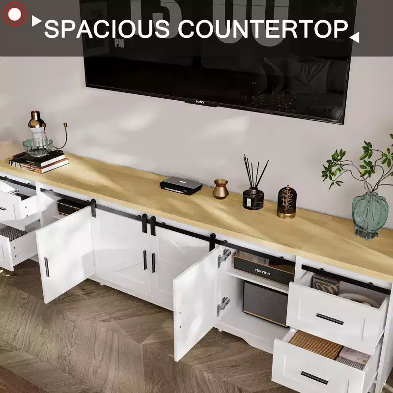 Meuble TV de style ferme moderne avec portes coulissantes à motif croix