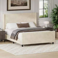 Queen/KIng Size Upholstered Platform Bed Frame with High Wingback Headboard&amp;High Footboard, Corduroy, Cream/Taupe-ModernLuxe