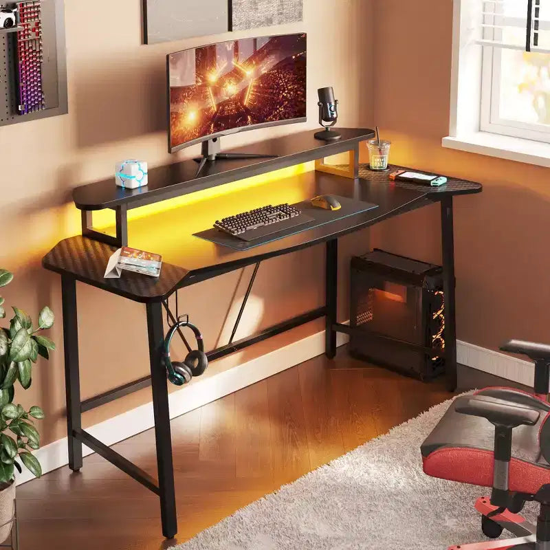Bestier 63 Gaming Desk with LED Light &amp; Monitor Stand, Computer Desk with Cup Holder &amp; Headset Hook, Modern Gamer Workstation for Home Office, Black