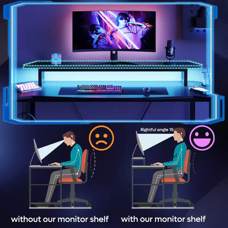 Bureau de gamer avec éclairage LED et support d'écran, bureau informatique