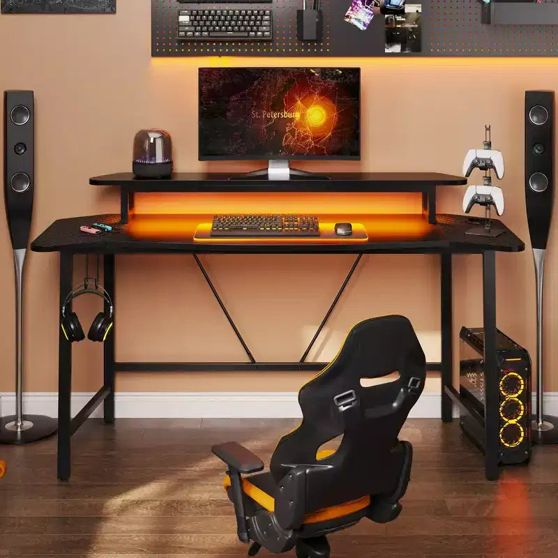 Bureau de gamer avec éclairage LED et support d'écran, bureau informatique