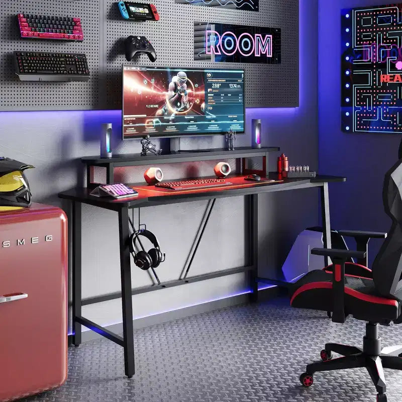 Bureau de gamer avec éclairage LED et support d'écran, bureau informatique