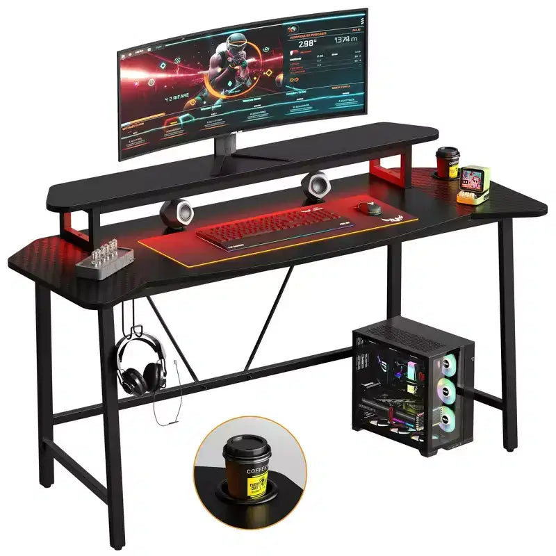 Bureau de gamer avec éclairage LED et support d'écran, bureau informatique