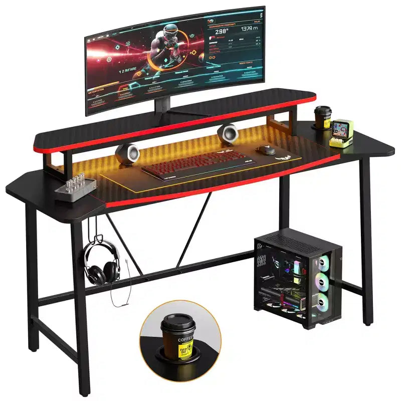 Bureau de gamer avec éclairage LED et support d'écran, bureau informatique