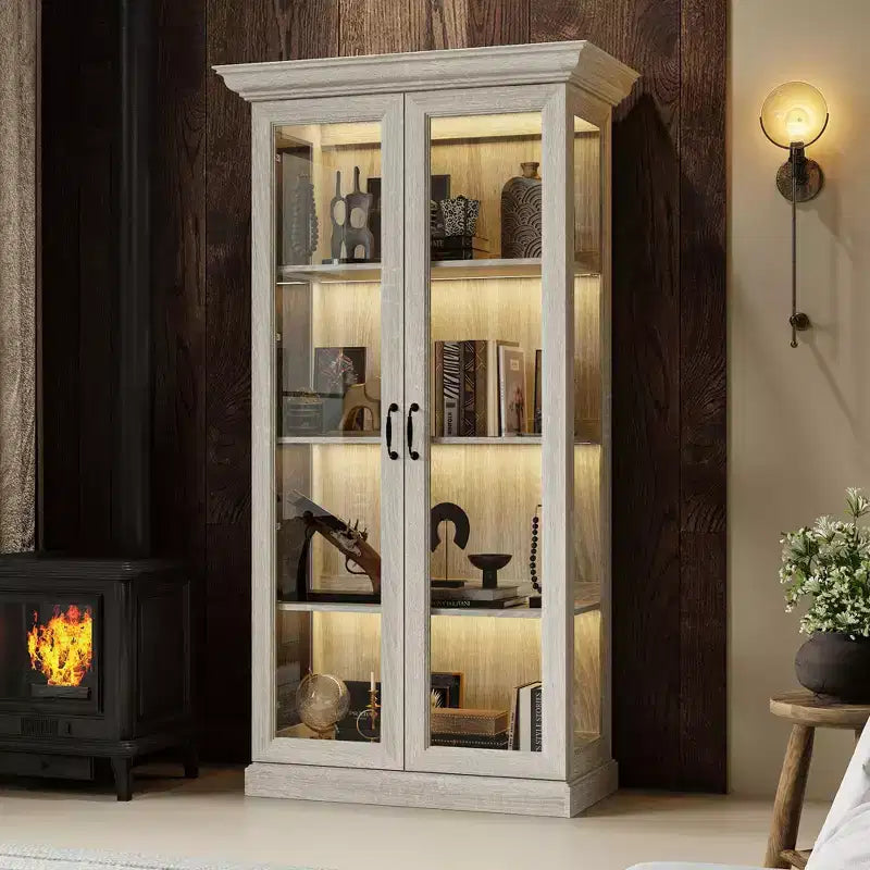 Famapy Bookcase Gray Oak Glass Display Cabinet wLED Light Strip, Tall Bookshelf with Doors Curio Storage Cabinet