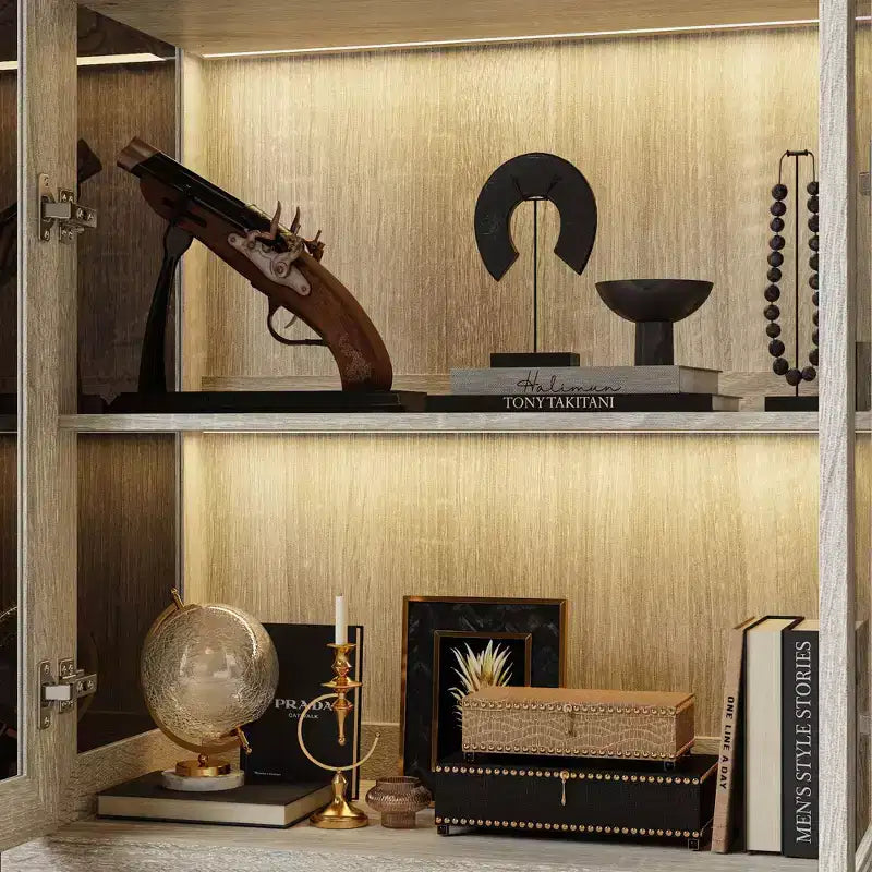 Bibliothèque-vitrine en chêne gris avec éclairage LED