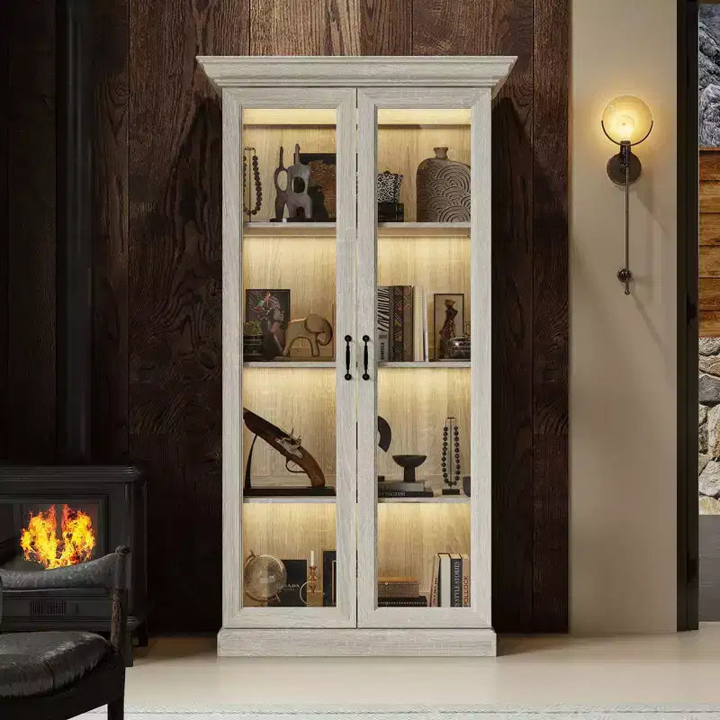 Bibliothèque-vitrine en chêne gris avec éclairage LED