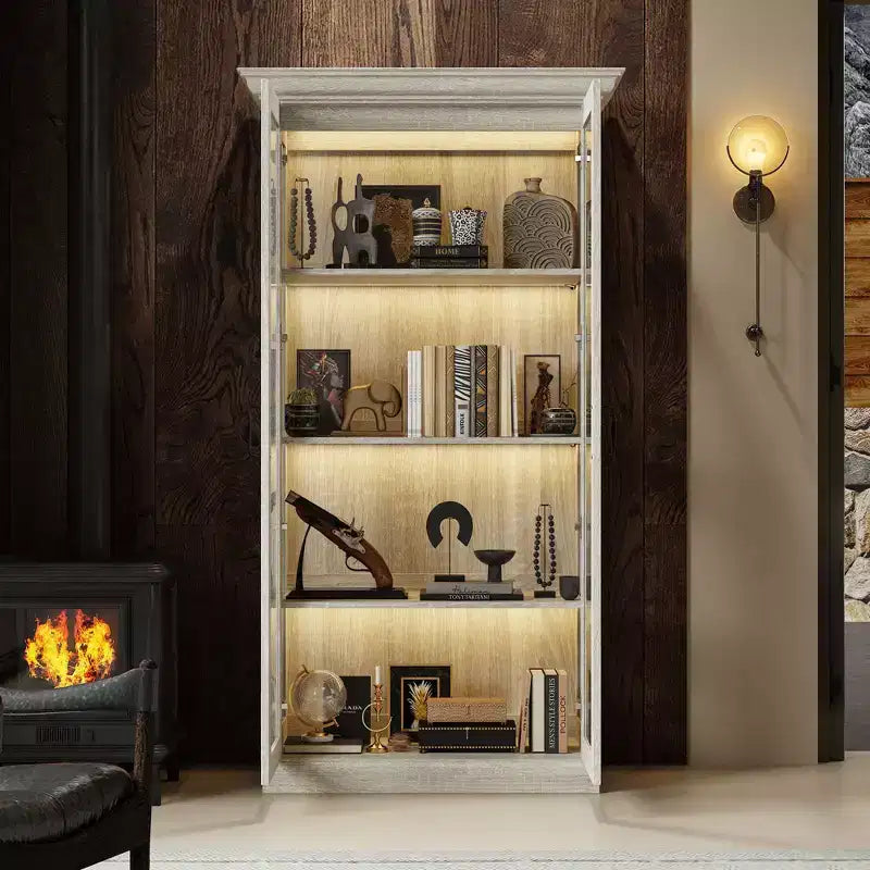 Bibliothèque-vitrine en chêne gris avec éclairage LED