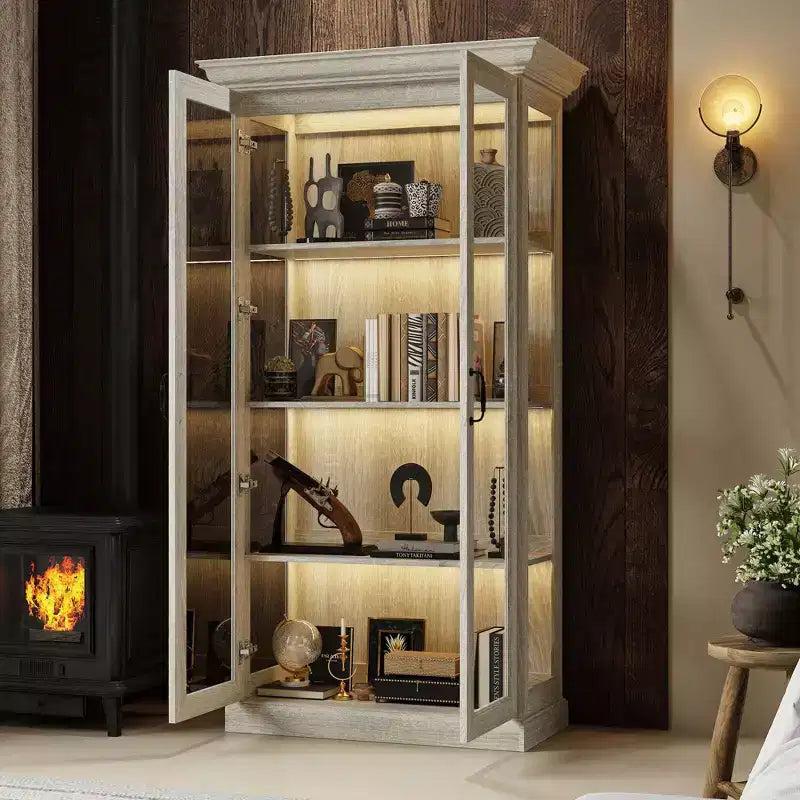 Bibliothèque-vitrine en chêne gris avec éclairage LED