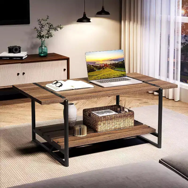 Table basse à 2 niveaux avec étagère de rangement, en bois de style industriel et rustique