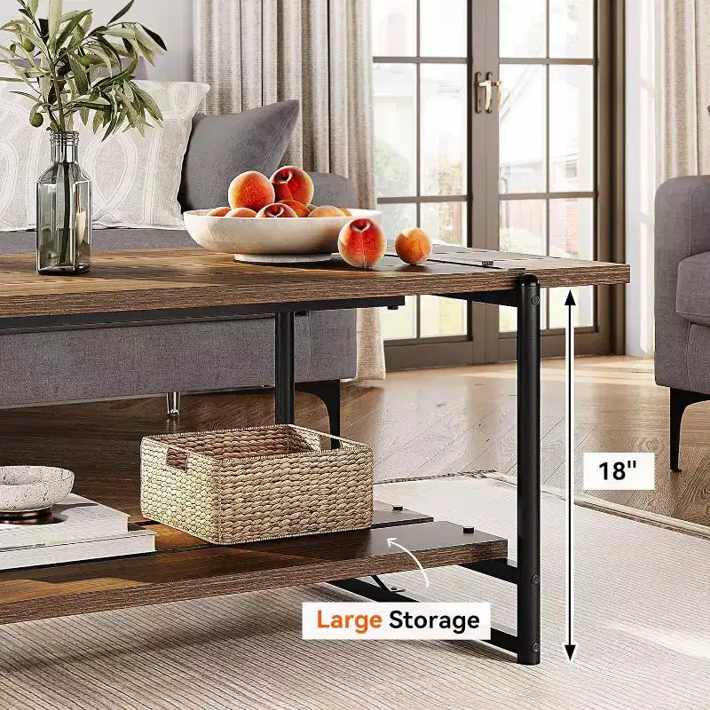 Table basse à 2 niveaux avec étagère de rangement, en bois de style industriel et rustique