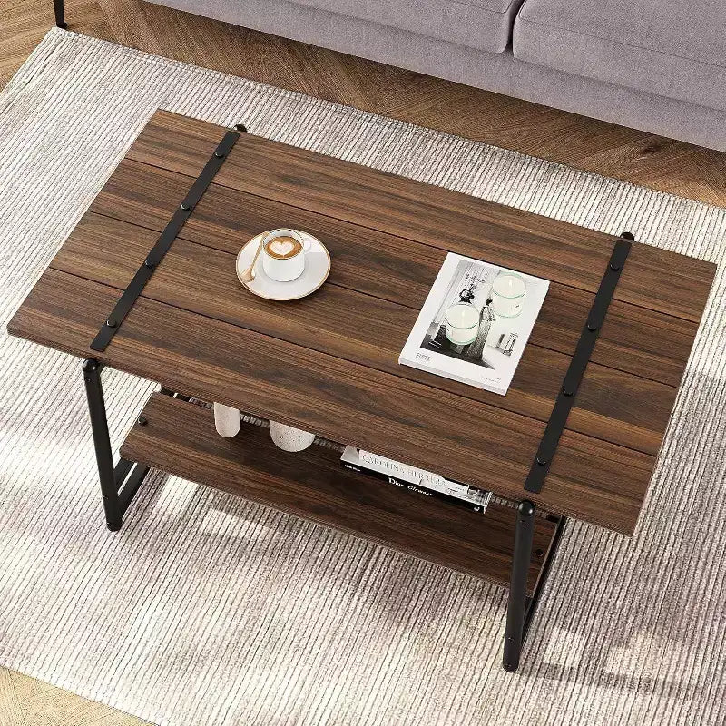 Table basse à 2 niveaux avec étagère de rangement, en bois de style industriel et rustique
