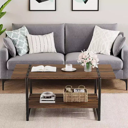 Table basse à 2 niveaux avec étagère de rangement, en bois de style industriel et rustique