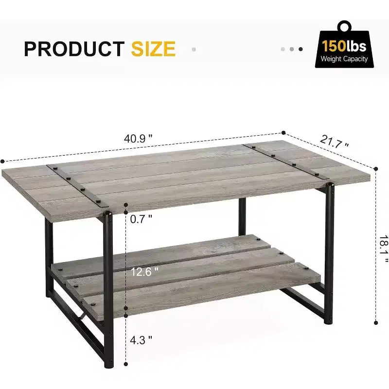 Table basse à 2 niveaux avec étagère de rangement, en bois de style industriel et rustique