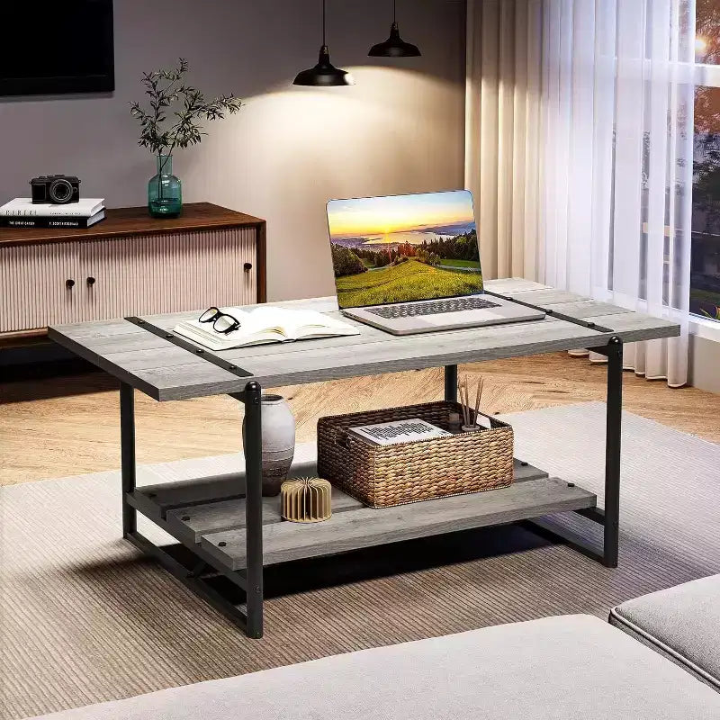 Table basse à 2 niveaux avec étagère de rangement, en bois de style industriel et rustique