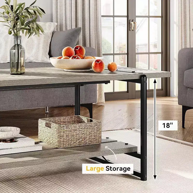 Table basse à 2 niveaux avec étagère de rangement, en bois de style industriel et rustique